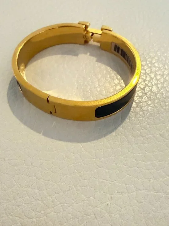 AUTHENTIC HERMES CLIC H BRACELET GOLD PLATED BLACK ENAMEL NARROW BANGLE PM - Picture 4 of 9